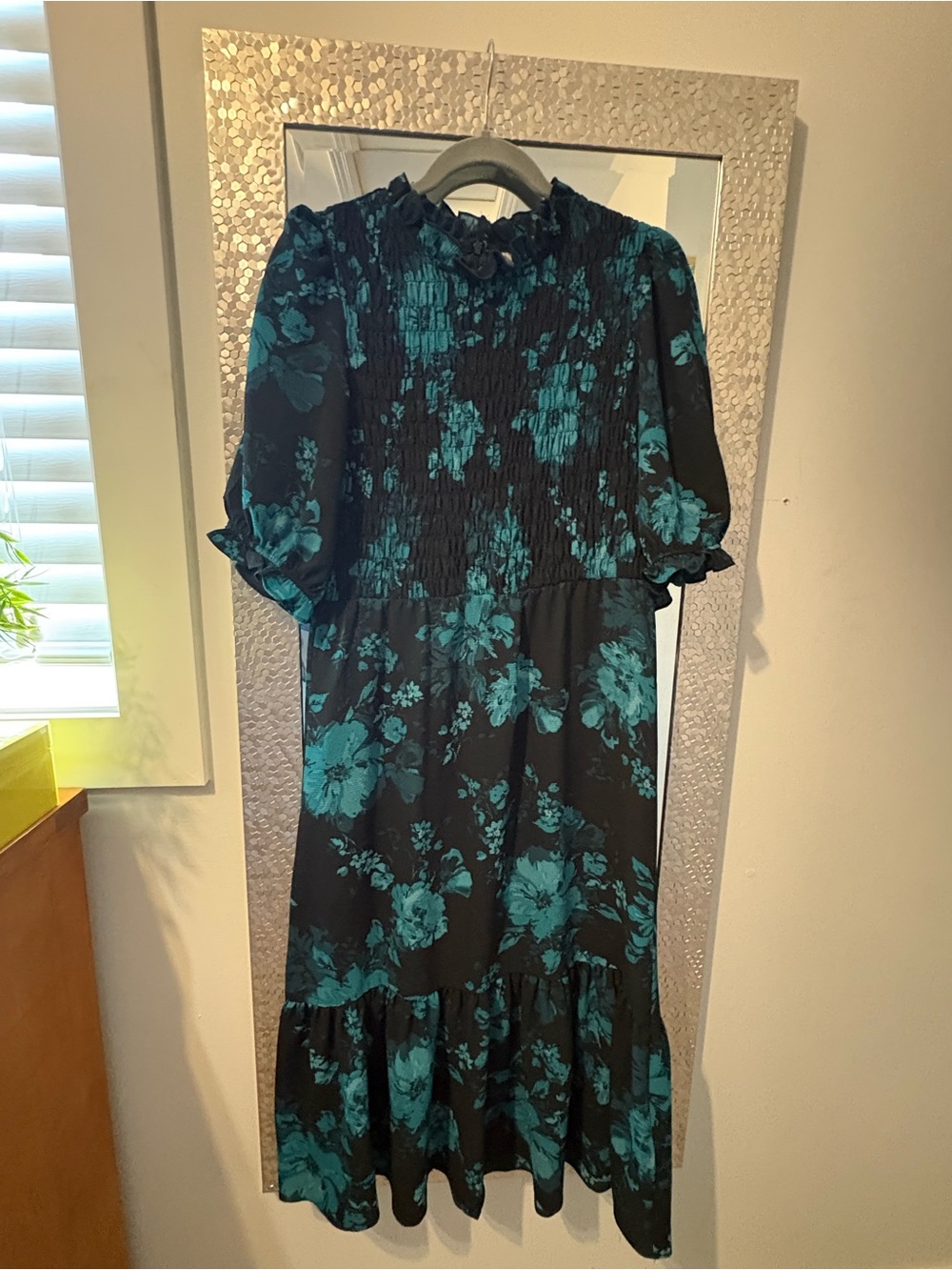 London Times Black & Teal Floral Midi Dress with Smocked Bodice